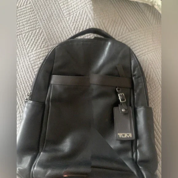 Tumi Black Leather Backpack with Branded Tag